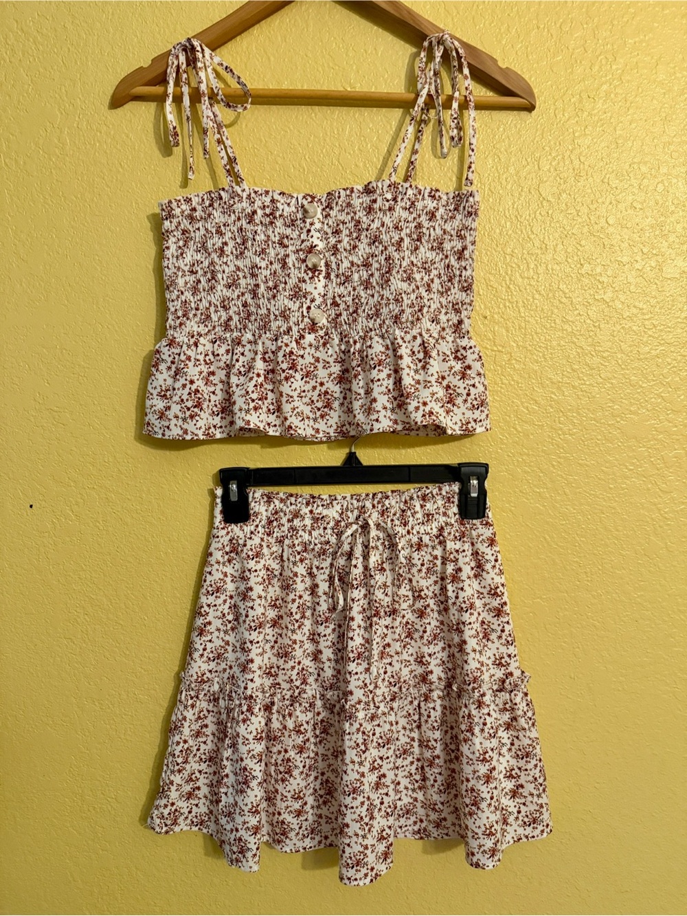 Floral Tie-Strap Smocked Crop Top and Skirt in Cream and Burgundy
